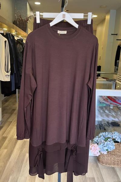 Efraze Şifon Büzgü Detay Penye Takım Kahverengi