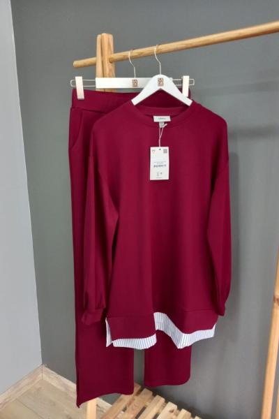 Ekru Çizgili Garnili Bol Paça Takım  Bordo