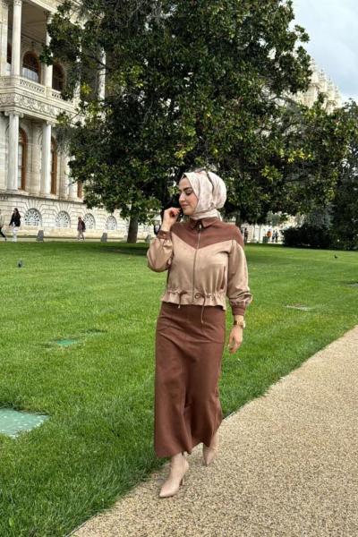 Esmira Fashion Karel Süet Etek Takım Camel
