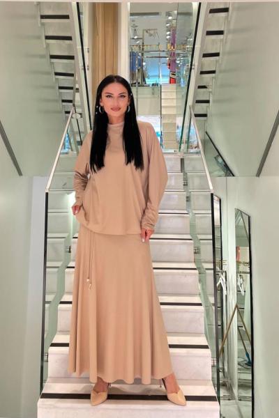 Ceremony Eteği Büzgü Detaylı Yarasa Kollu Bambu Takım Bej