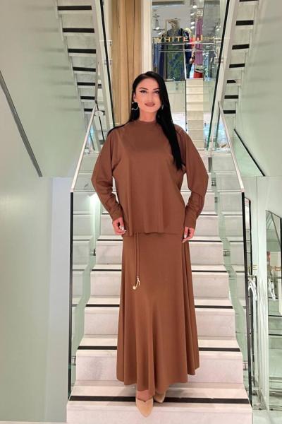 Ceremony Eteği Büzgü Detaylı Yarasa Kollu Bambu Takım Kahverengi