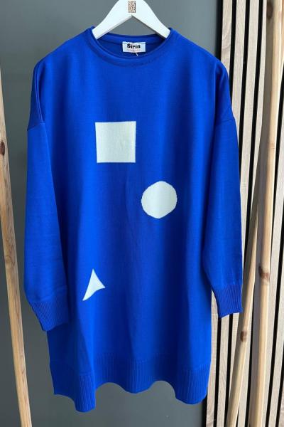 Şirin Geometrik Merserize Tunik Saks Mavisi