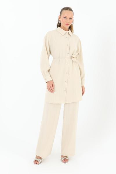 Puane Gül Detaylı Pantolonlu Takım Bej