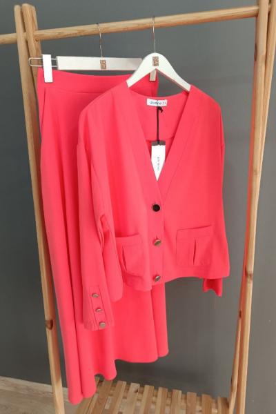 Puane Helsinki Cep Detay Kısa Ceket Etekli Takım Nar Çiçeği