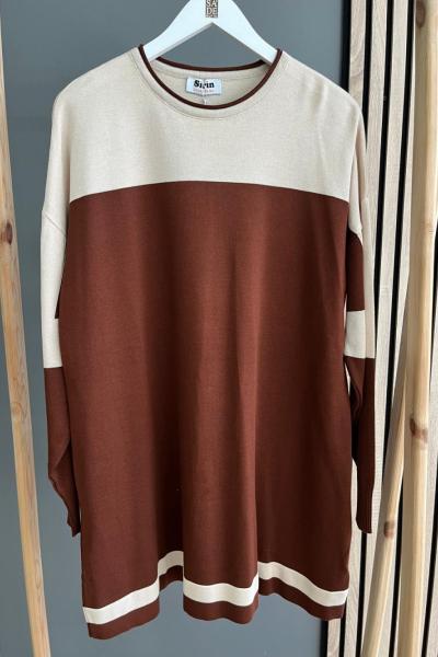 Şirin İki Renkli Merserize Tunik Acı Kahve