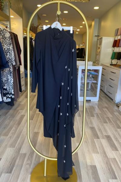 Jamila Sarah Tek Tarafı Şifonlu İnci İşlemeli Takım Siyah