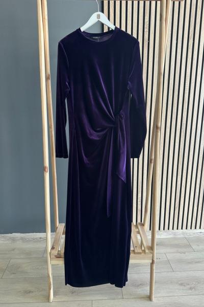 Ceremony Kadife Bağlamalı Kalem Elbise Mor