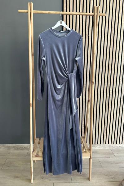 Ceremony Kadife Bağlamalı Kalem Elbise Gri