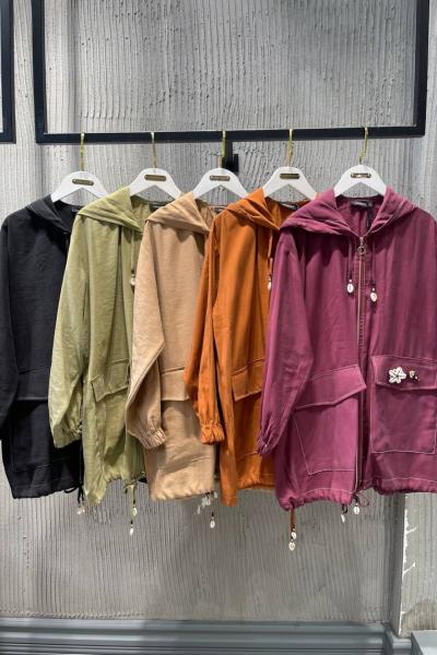 Ceremony Kapşonlu Fermuarlı Tek Cebi Deniz Kabuğu İşlemeli Tencel Kap Camel