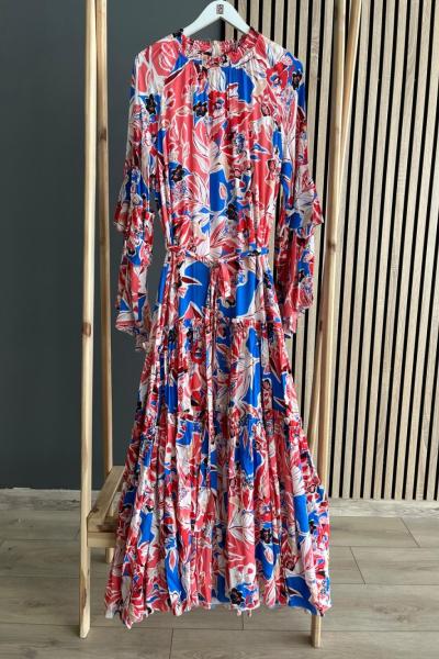 Ceremony Kolları Kat Detaylı Elbise Nar Çiçeği