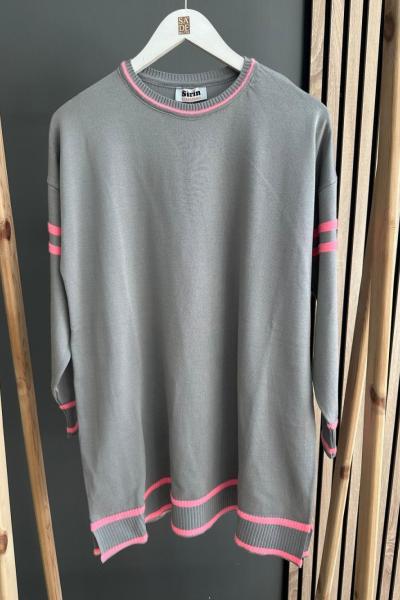 Şirin Kolu Çizgili Merserize Tunik Gri