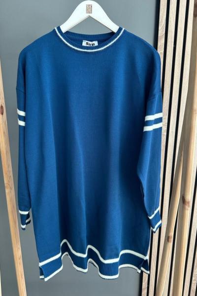 Şirin Kolu Çizgili Merserize Tunik İndigo