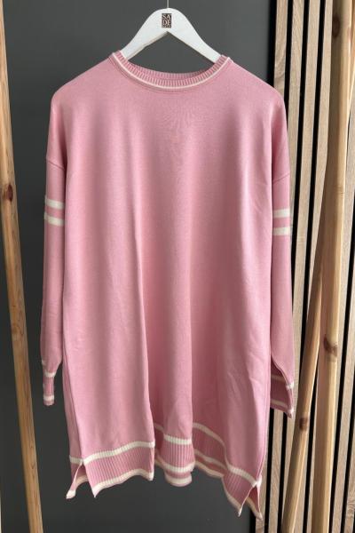 Şirin Kolu Çizgili Merserize Tunik Pembe
