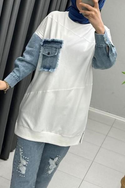 Puane Kot Detaylı Sweat Shirt Beyaz