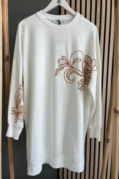 Puane Kum Boncuk Detay Sweat Shirt Beyaz