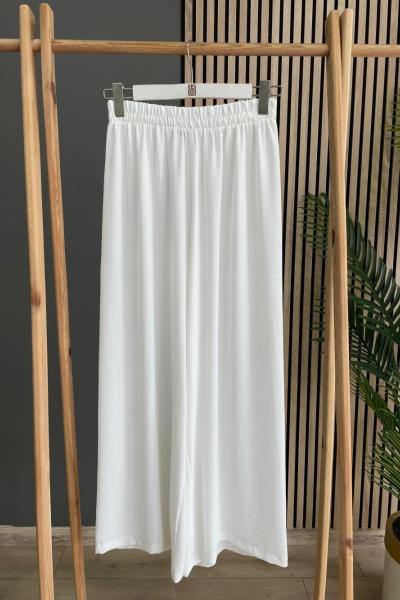 Lamazi Beli Lastikli Bol Paça Pantolon Beyaz