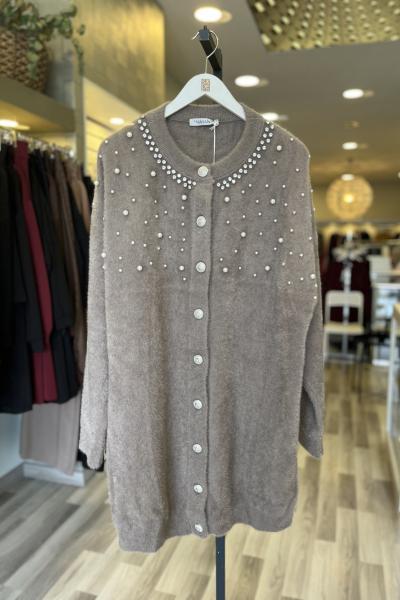 Magazin Angora Taş Ve İnci İşlemeli Hırka Vizon