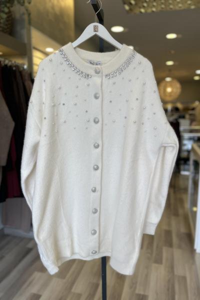 Magazin Angora Taş Ve İnci İşlemeli Hırka Krem