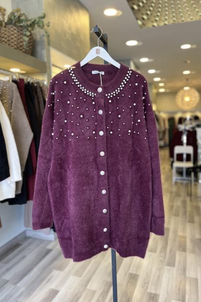 Magazin Angora Taş Ve İnci İşlemeli Hırka Mürdüm