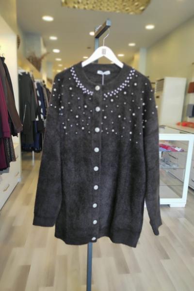 Magazin Angora Taş Ve İnci İşlemeli Hırka Acı Kahve