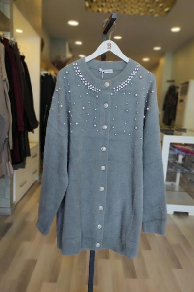 Magazin Angora Taş Ve İnci İşlemeli Hırka Gri