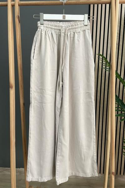 Magazin Beli Lastikli Cepli Bol Kot Pantolon Ekru