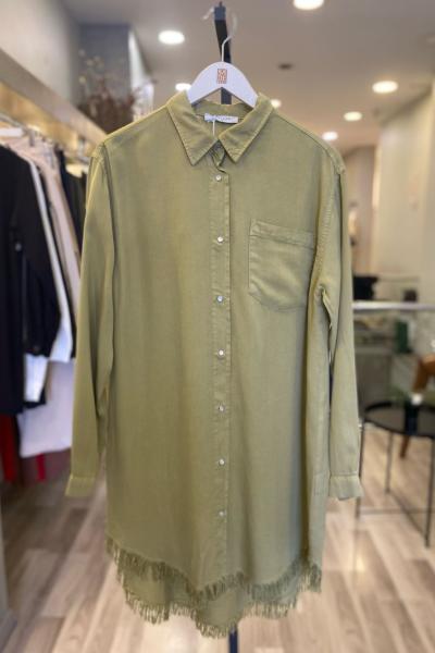 Magazin  Etek Ucu Püsküllü Çıtçıtlı Tencel Gömlek Fıstık Yeşili