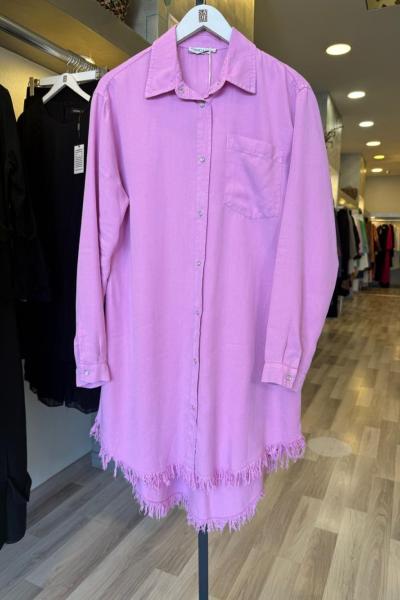 Magazin  Etek Ucu Püsküllü Çıtçıtlı Tencel Gömlek Pembe