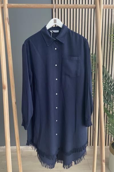 Magazin  Etek Ucu Püsküllü Çıtçıtlı Tencel Gömlek Lacivert