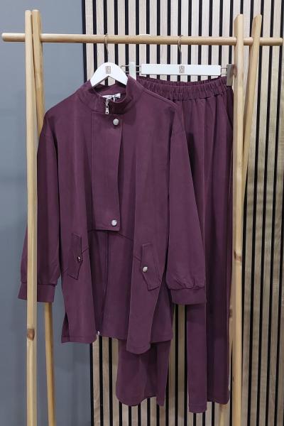 Magazin Balıkçı Yaka Fermuar Kapama Detaylı Takım Bordo