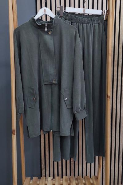 Magazin Balıkçı Yaka Fermuar Kapama Detaylı Takım Haki