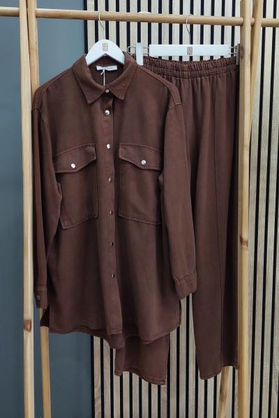 Magazin Çıt Çıt Düğmeli Cepli Tensel Takım Kahverengi