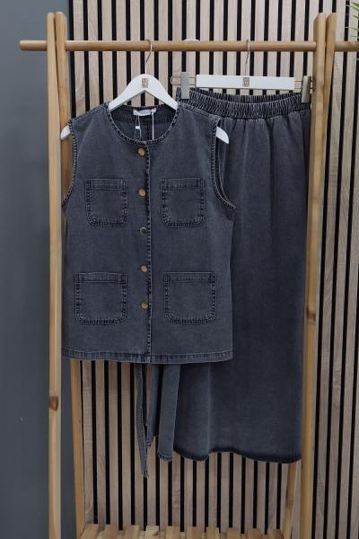 Magazin Dört Cepli Kuşaklı Yelek Takım Gri