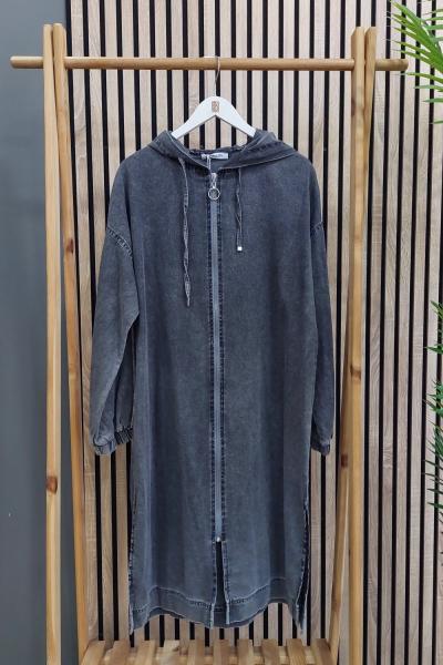 Magazin Kapüşonlu Fermuarlı Denim Kap Antrasit