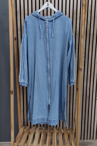 Magazin Kapüşonlu Fermuarlı Denim Kap Açık Mavi