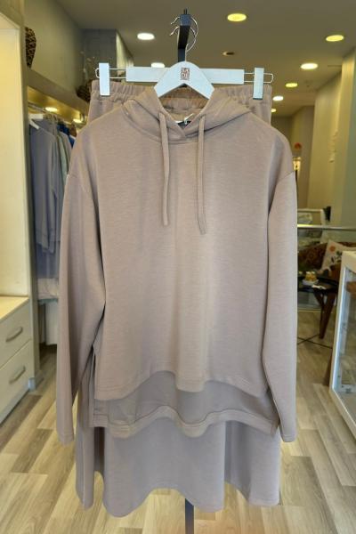 Magazin Modal Etekli Kapüşonlu Takım Vizon