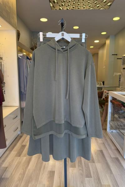 Magazin Modal Etekli Kapüşonlu Takım Haki