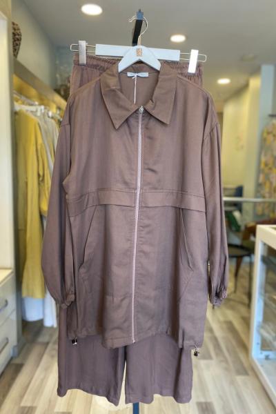 Magazin Önü Patlı Cepli Tencel Takım Kahverengi