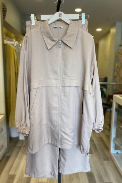 Magazin Önü Patlı Cepli Tencel Takım Bej