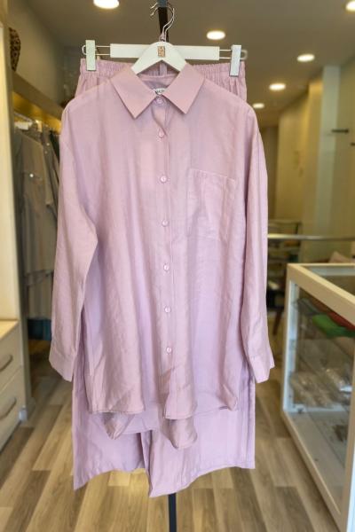 Magazin Önü Ve Arkası Düğmeli Tencel Takım Pembe