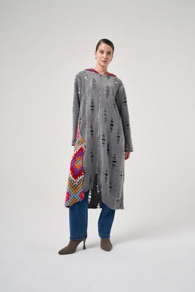 Mascara Örgü Kapşonlu Kap Gri