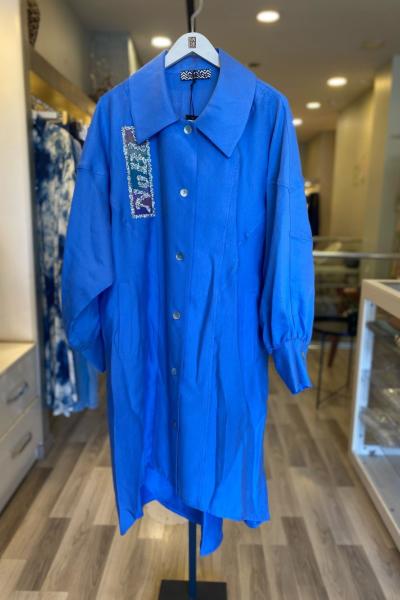 Mascara Yazısı Taş Detaylı Tunik Mavi