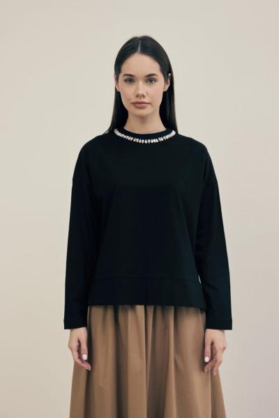 Merwish Basic Sparcle Yaka Taşlı Penye Siyah