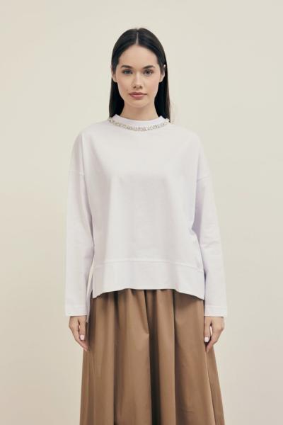 Merwish Basic Sparcle Yaka Taşlı Penye Beyaz