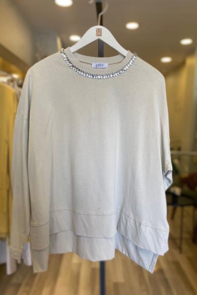 Merwish Basic Sparcle Yaka Taşlı Penye Bej