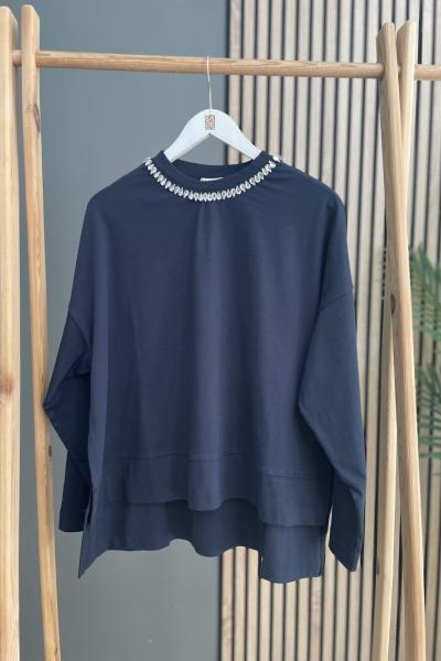 Merwish Basic Sparcle Yaka Taşlı Penye Lacivert