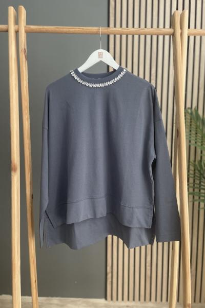 Merwish Basic Sparcle Yaka Taşlı Penye Antrasit