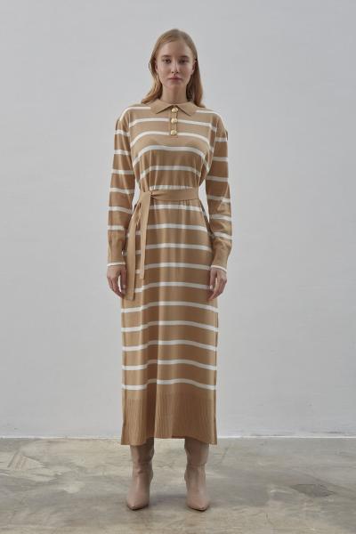 Merwish Çizgili Triko Elbise Camel