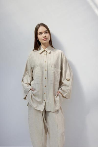 Merwish Çizgili Keten Takım Bej