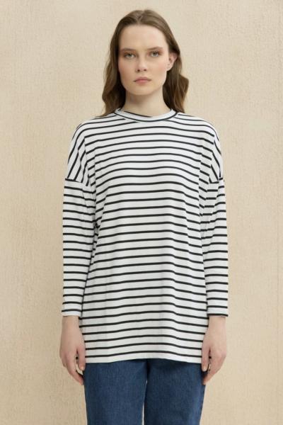 Merwish Çizgili Tshirt Beyaz